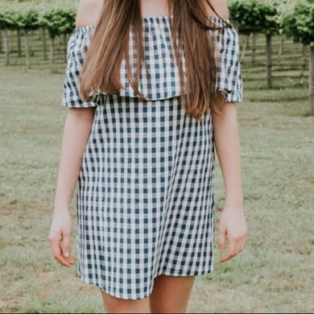 NWT Medium Navy Gingham off the shoulder dress